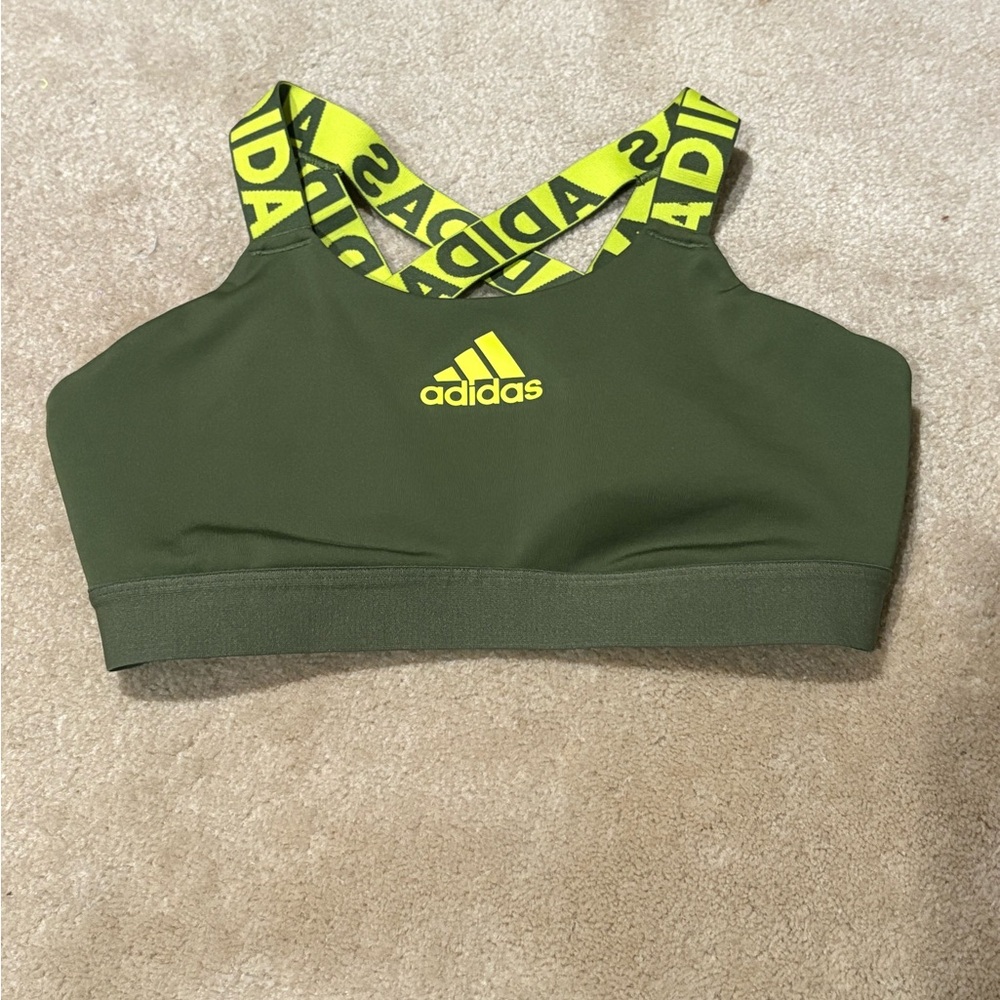 Adidas Olive Sports Bra with Neon Yellow Accents